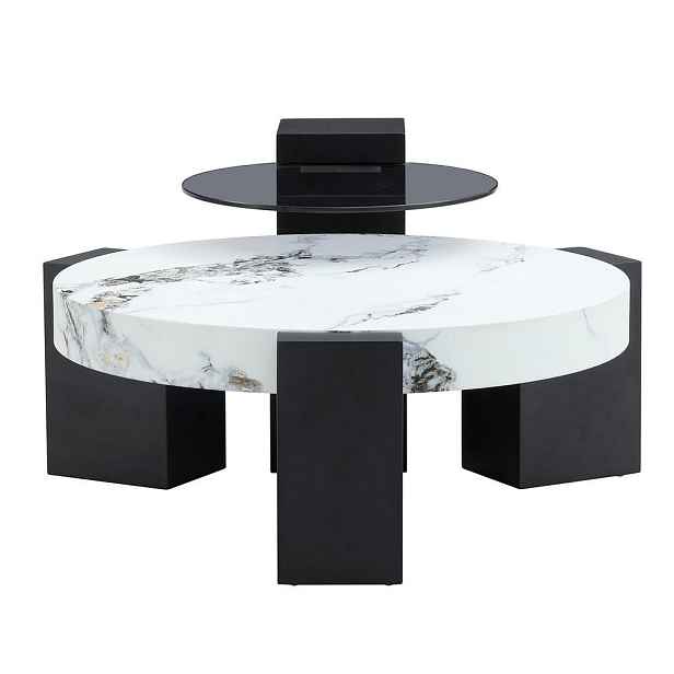 Redom KONFERENČNÍ stolky 61/61/30 a 44/44/44 cm, 2dílná sada s odnímatelným designem a deskou v mramorovém vzhledu, Bílá/Černá