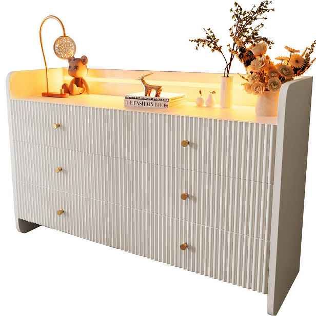 Redom SIDEBOARD 120/40/75 cm s LED osvětlením, 6 zásuvkami a vlnitým drážkováním, Bílá