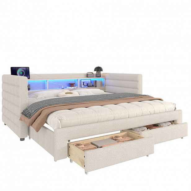 Modfu ČALOUNĚNÁ postel z sametu 90x190 cm béžová s LED osvětlením, USB-C porty, výsuvnou funkcí a úložným prostorem
