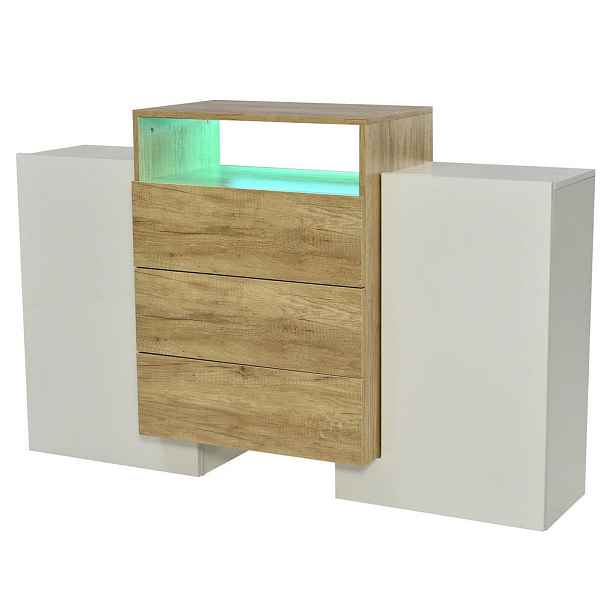 Redom SIDEBOARD 140/30/77,5 cm s vícebarevným LED osvětlením, dvěma dveřmi, dvěma policemi a třemi zásuvkami, Bílá a přírodní
