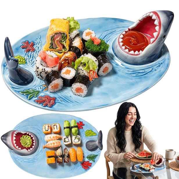 Talíř na sushi s motivem žraloka, keramická miska na omáčku, dárek