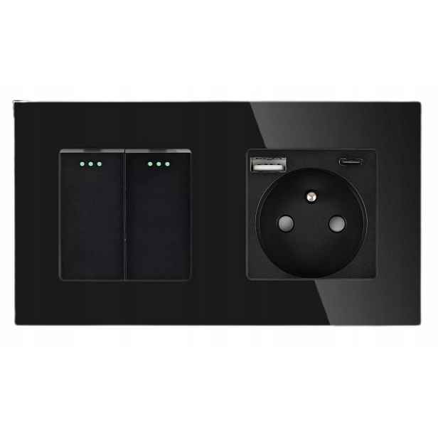 Dvojitý Spínač Světla 2G Zásuvka S Usb A+c Černý Skleněný eLumos Flex