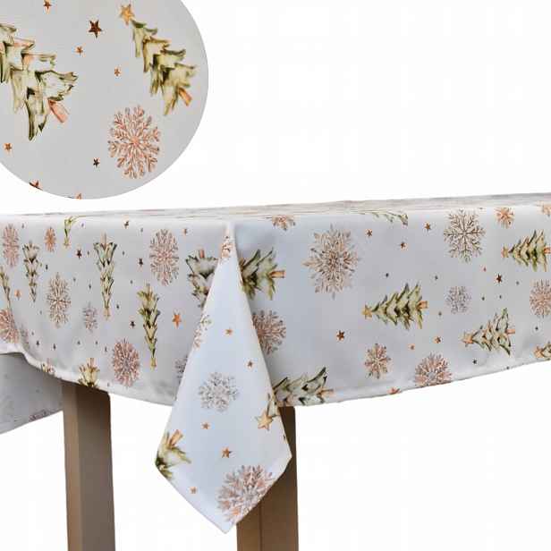 Vánoční ubrus s potiskem 140 x 220 cm bílý s vánočními stromky na stůl Dárek