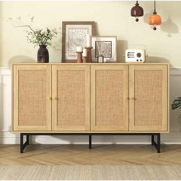 Redom SIDEBOARD 140/39,5/80 cm s pravým ratanovým výpletem, 4 dveřmi a matně zlatými úchyty, Dřevěná