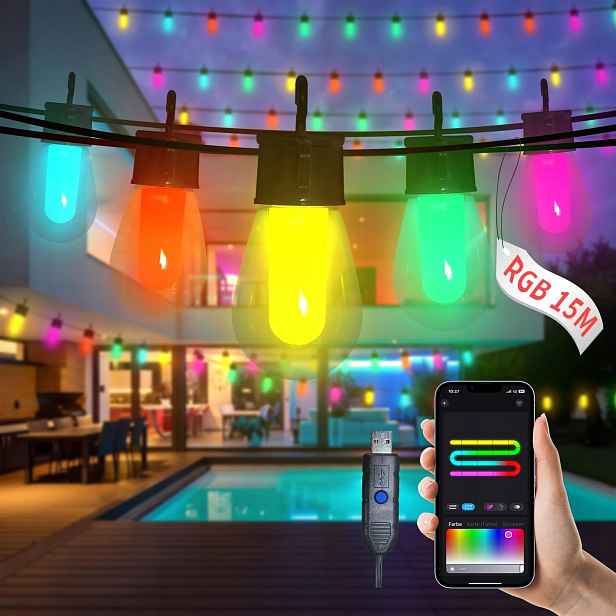 Rgb řetěz S14 barevný 15 m s aplikací, dálkovým ovládáním a časovačem, Usb-a
