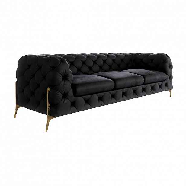 S-Style CHESTERFIELD TŘÍMÍSTNÁ POHOVKA Lexi z černého sametu se zlatými nohami