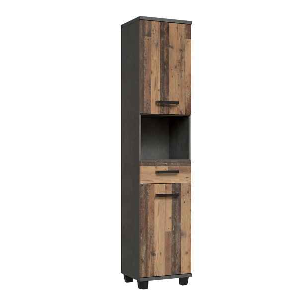 CANELU koupelnová vysoká skříňka, tmavě šedý beton/old-wood vintage