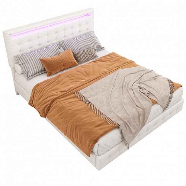 Modfu ČALOUNĚNÁ postel z PU a MDF 140x200 cm bílá s LED osvětlením, plovoucím designem a nastavitelným čelem