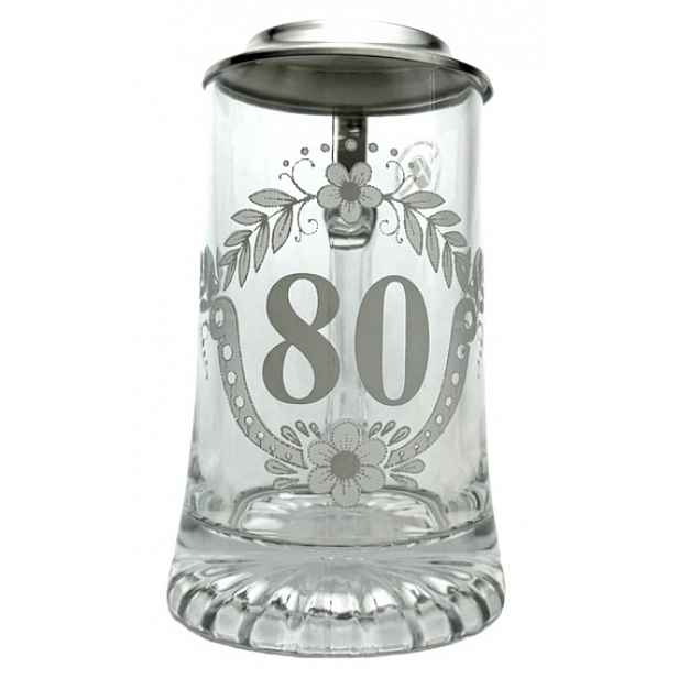 Pivní sklenice na pivo 80 let výroční s cínovým víčkem, korbel, 0,4 l