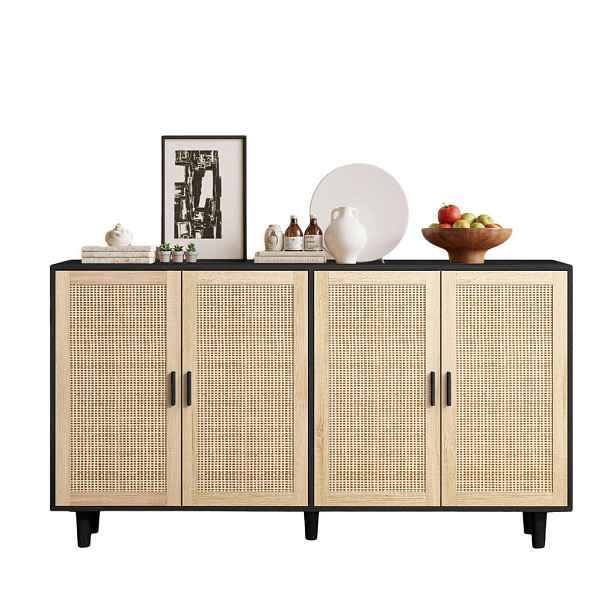 Redom SIDEBOARD 158/40/88 cm s nastavitelnou policí a ratanovými dvířky, Černá