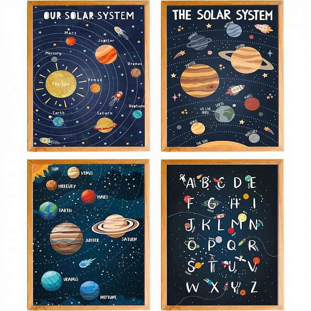 TEMU 4ks Vesmírné plakáty vhodné do školky, ' Nástěnné umění Sluneční soustavy - Vzdělávací plakáty planet s označenými planetami, ' Dekorace do