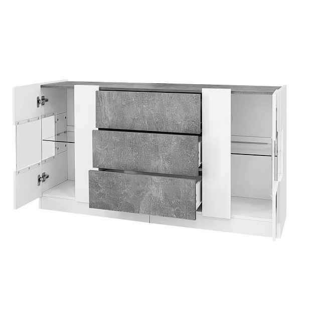 Redom MODERNÍ Sideboard 140/35/75 cm s 2 dvířky a 3 zásuvkami, LED osvětlením 16 barev, mramorový dekor a bílá