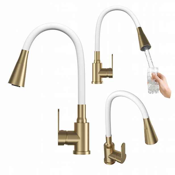 Kuchyňská baterie Flexo bílá brushed gold flexibilní ramínko stojící kohoutek