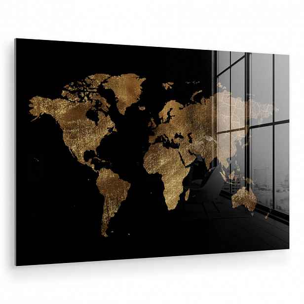 MuchoWow OBRAZ NA AKRYLOVÉM SKLE Mapa světa - Zlatá - Luxusní - Země - Černá 60x40 cm