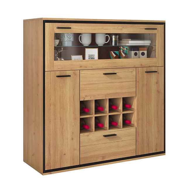 Redom SIDEBOARD 110/38/111 cm s regály na víno, skleněnou přepážkou a LED osvětlením, Přírodní dekor a černá