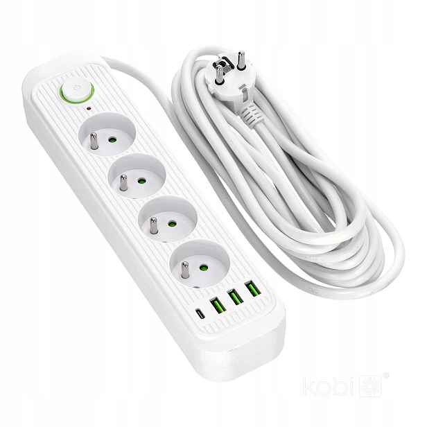 Prodlužovací Kabel 5 m 4 zásuvky 3xUSB-A 1xUSB-C uzemnění 3250 W Connecto Kobi
