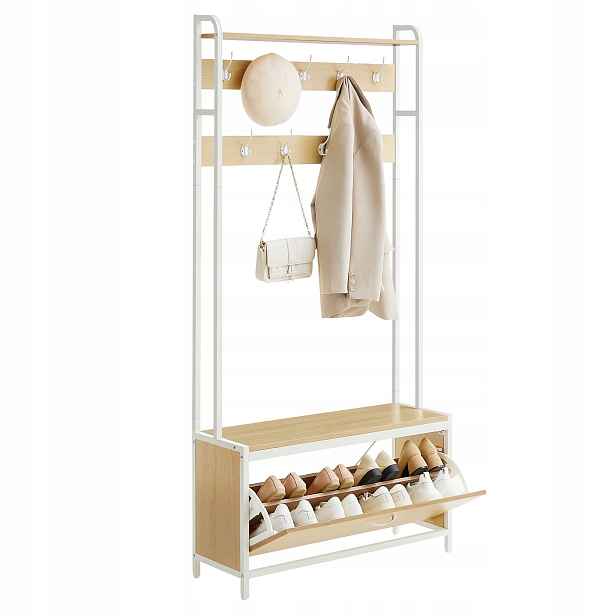 Vasagle Předsíňový věšák s botníkem 85x30x180 cm zlatý dub a bílá barva