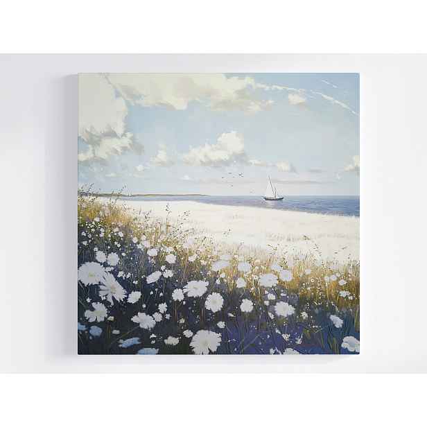 Obraz Na Plátně Obraz Na Plátně Krajina Pobřeží Pláž Louka Květy Moře Loď 50x50