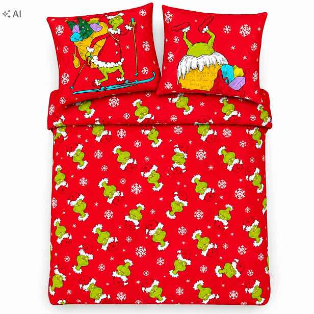 Povlečení Vánoční Grinch Bavlněné 160 x 200 cm 2 x Povlak na polštář 70 x 80 cm Červená