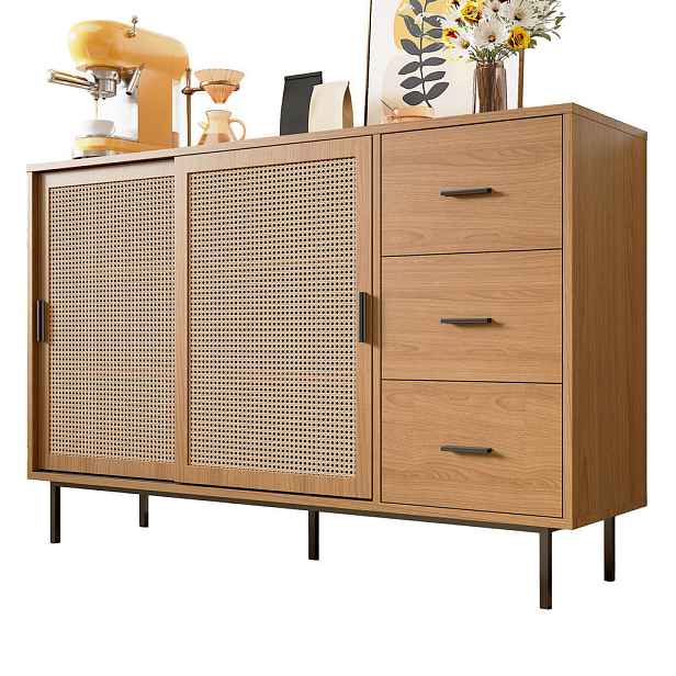 Redom SIDEBOARD 140/37/91 cm s posuvnými dvířky, ratanovým dekorem a 3 zásuvkami, Přírodní