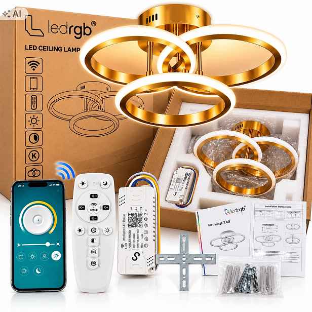 stropní svítidlo Led Zlatá 40W Bílá Cct 2700-6500K Dálkový Ovladač Apka Wifi 3 Ring
