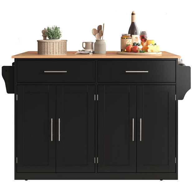 Modenvie KUCHYŇSKÝ ostrůvek z MDF, 120/46(70)/91,5 cm, černý/přírodní, sklápěcí deska a kolečka