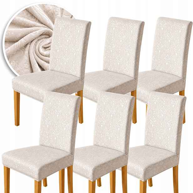 Potah Na Židli Velur Ornament 6 Ks Elastický Univerzální Béžový