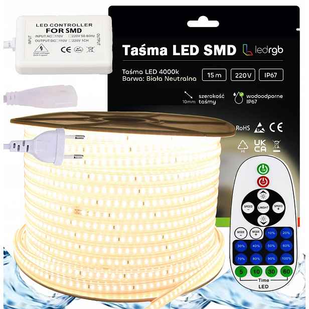 Set Led pásek Smd 230V 15m 4000K Bílý Neutrální Stmívač Dálkový Ovladač IP67