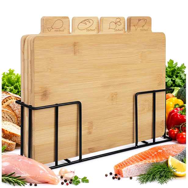 Bambusové dřevěné prkénka na krájení Stojan na krájení Deska Sada 4 ks 28x20 cm