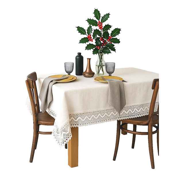 Lněný vánoční ubrus bílý 140x220 s krajkou, přírodní, Eco Pl