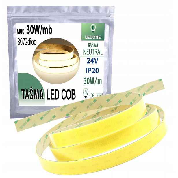 Led Páska Cob 24V výkonná 30W/m 3770lm/m Neon linka Široká neutrální 5m
