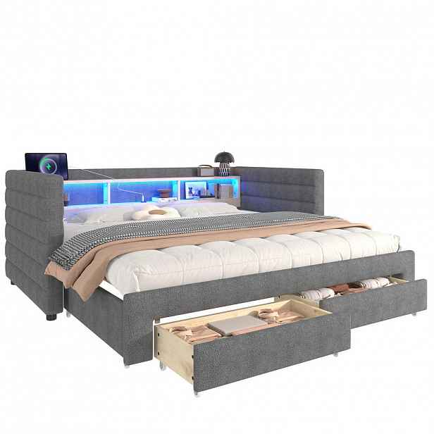 Modfu ČALOUNĚNÁ postel z sametu 90x190 cm šedá s výsuvným lůžkem, LED osvětlením, USB-C a úložným prostorem