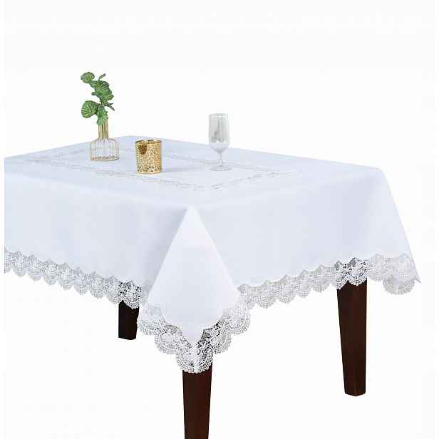 Ubrus 140x320 bílý čtverec Rosse s krajkou a růžičkami