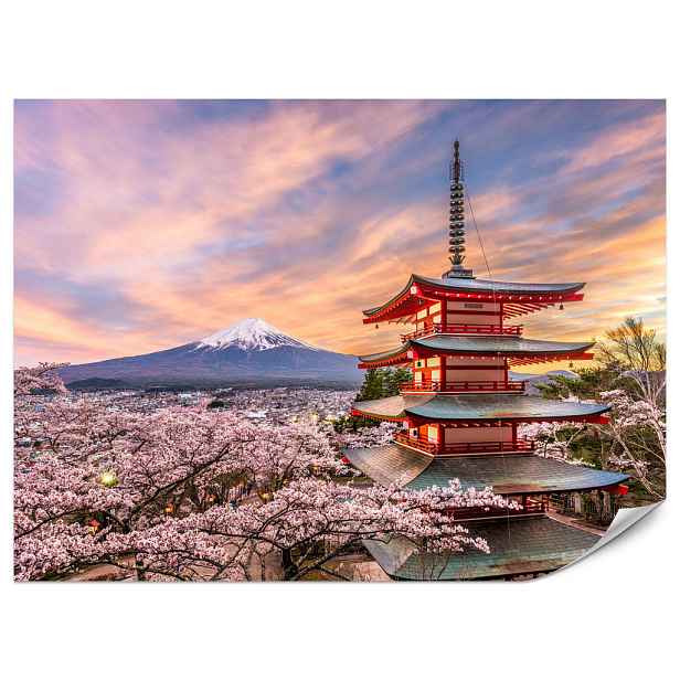 Muralo FOTOTAPETA do Obývacího Pokoje Japonská Pagoda Jaro Západ Slunce 100x70