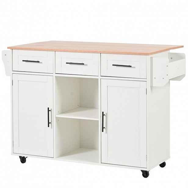 Redom KUCHYŇSKÝ ostrůvek 139/46(71)/91,5 cm s klopnou pracovní deskou, úložným prostorem a kolečky, Bílá
