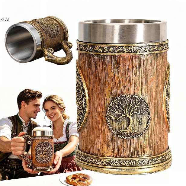 Pivní Sklenice Strom života 600 ml, keltský motiv, dárek pro muže, nerezová vložka
