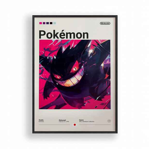 Obraz Pokémon Gengar Retro Plakát Rámeček Dřevěný Černý 30x42 cm