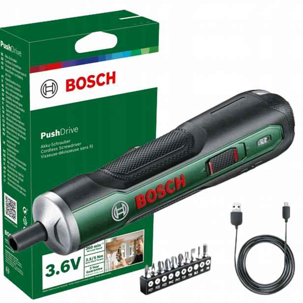 Aku Šroubovák Pushdrive Nabíječka USB+10 Bosch 06039C6002