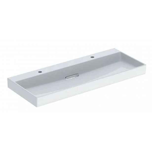 Geberit ONE - Dvojumyvadlo 120x48x14 cm, skrytý přepad, 2 otvory pro baterie, vodorovný odtok, KeraTect, bílá 505.049.00.1