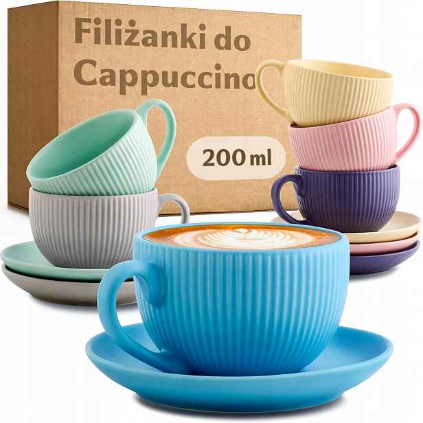 Keramické šálky na kávu cappuccino s podstavcem 200 ml, sada 6 kusů