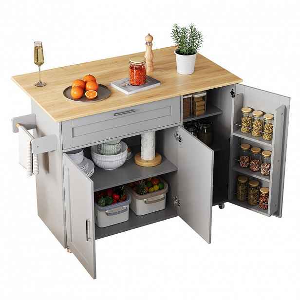 Redom KUCHYŇSKÝ ostrůvek 132,5/44(70)/90 cm s klopnou pracovní deskou, úložným prostorem a 5 kolečky, Šedá