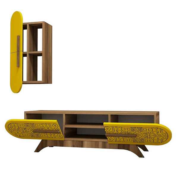 Televizní stolek se skříňkou Defne Yellow and Walnut