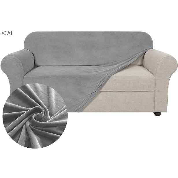 Potah Na Pohovku Rohový Světle Šedý Velur Elastický 190-230 cm