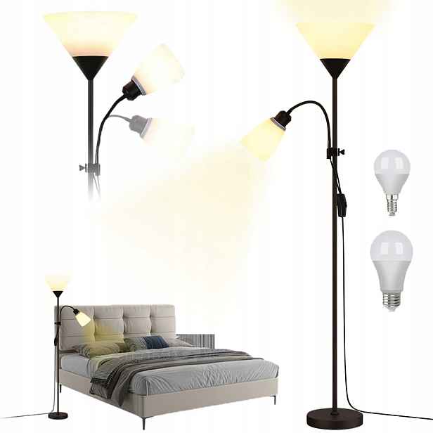 Stojací Lampa Podlahová Černá Nastavitelná 164 CM Na E27 Led Vypínač