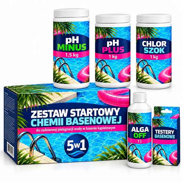 Balíček Do Bazénu 5V1 Tester Ph Mínus Chlor Šok Alga Off Ph Plus Chemie