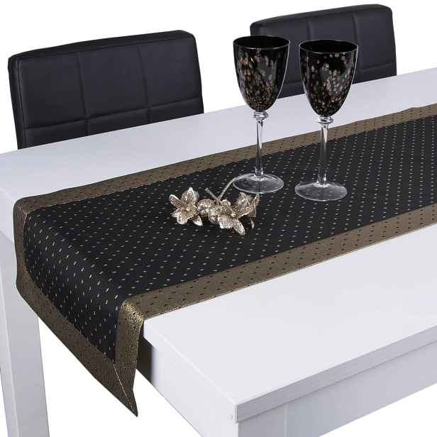 běhoun na stůl Kropki Lux 40x220 skvrnám odolný pás černo-zlatý