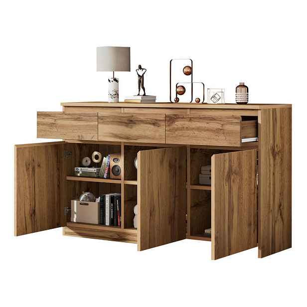 Modenvie SIDEBOARD z dřevotřísky, 135/40/81 cm, v dekoru dřeva se 3 dvířky a 3 zásuvkami