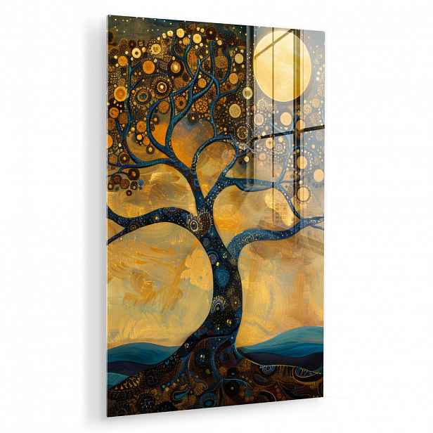 MuchoWow OBRAZ NA AKRYLOVÉM SKLE Strom - Měsíc - Květiny - Zlato - Umění 60x90 cm