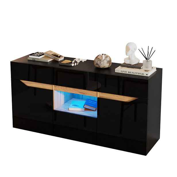 Redom SIDEBOARD 140/40/70 cm s LED osvětlením, 4 zásuvkami a úložným prostorem, Černá a přírodní dřevo
