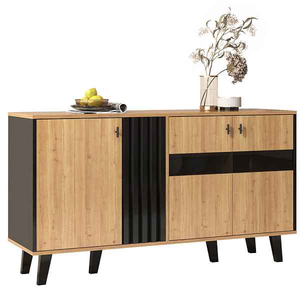 Modenvie SIDEBOARD 140/78,5/41 cm z dřevotřísky a skla v přírodní a černé barvě s LED osvětlením